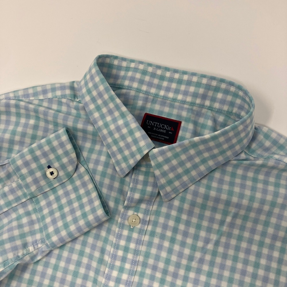 UNTUCKit Men's XL Performance Gingham Button Down Shirt Blue Teal White Stretch
